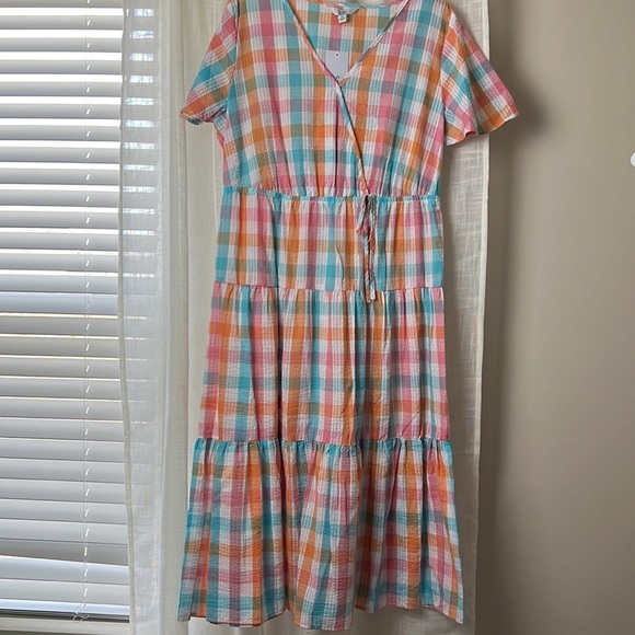 Multi- colored Pastel Easter Checkered Surplice Tiered Midi Dress size XXL NWT - Picture 4 of 4